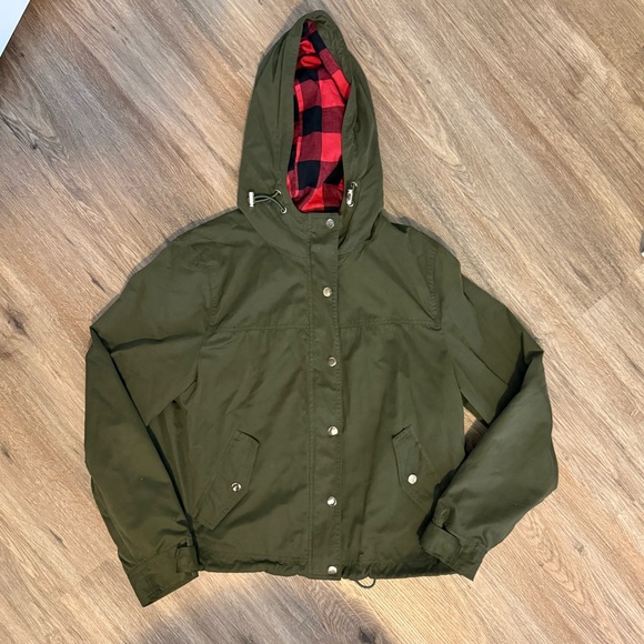 Green Hooded Jacket with Plaid Lining - Picture 1 of 4